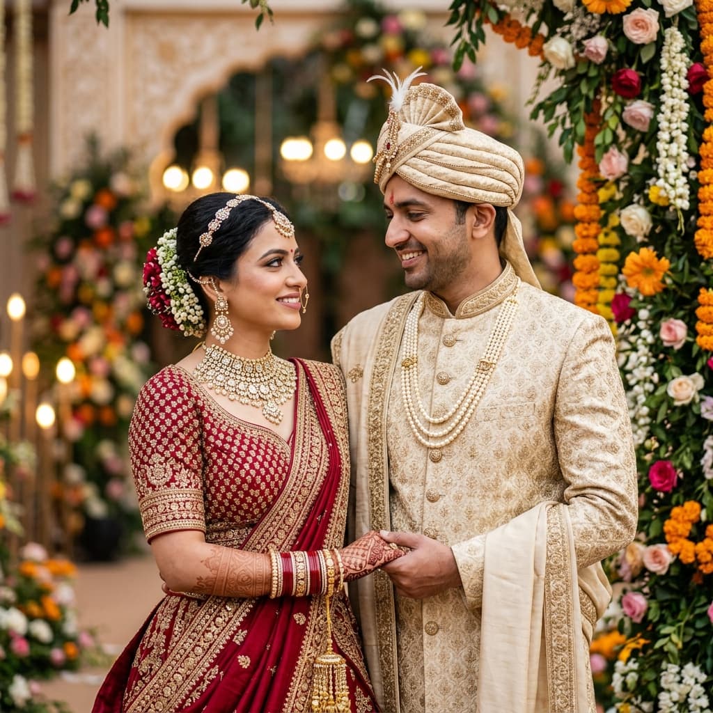 An Indian couple in traditional wedding attire smiling at each other