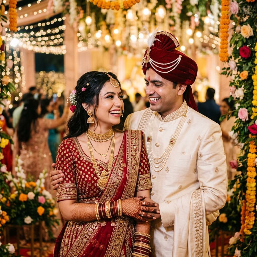 A newlywed Indian couple in royal wedding attire smiling happily together
