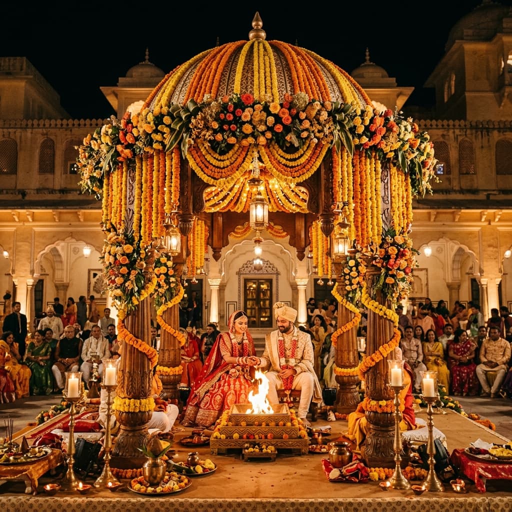A traditional Indian royal wedding mandap with marigold decor and sacred fire