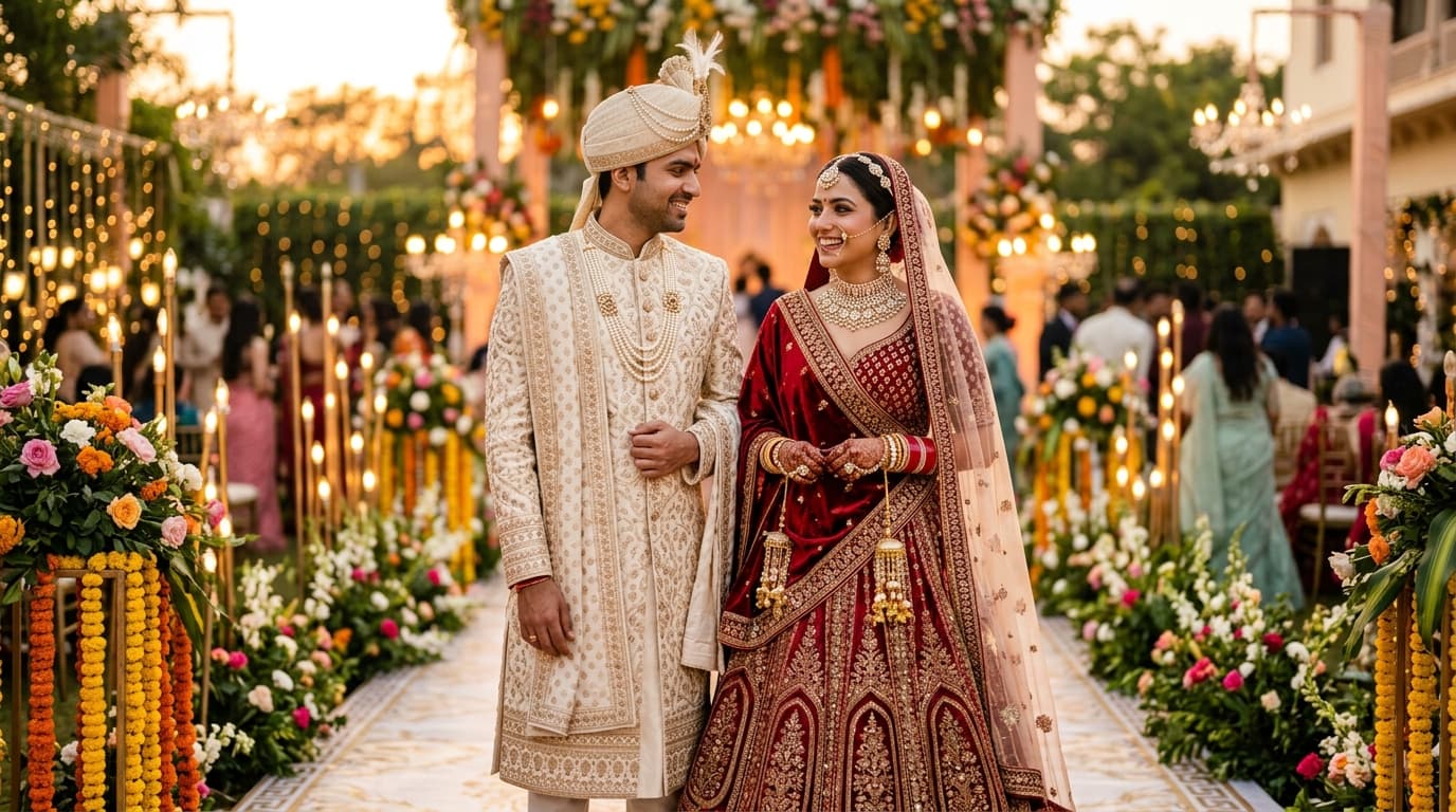 Royal Indian wedding bride and groom in luxury traditional wedding attire